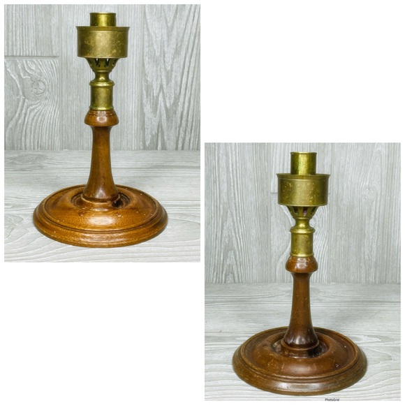 Vintage Brass Turned Wood Georgian Colonial Candlesticks set Holder / Hurricane - Picture 12 of 13